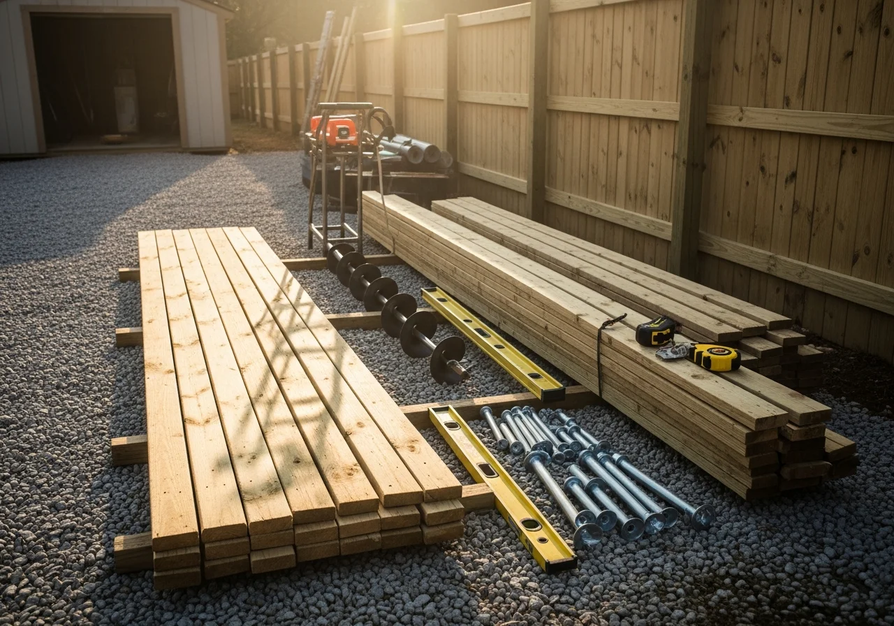 Fencing contractor tools and materials on a work site, showing wood fence sections, hardware, and installation equipment ready for a job.