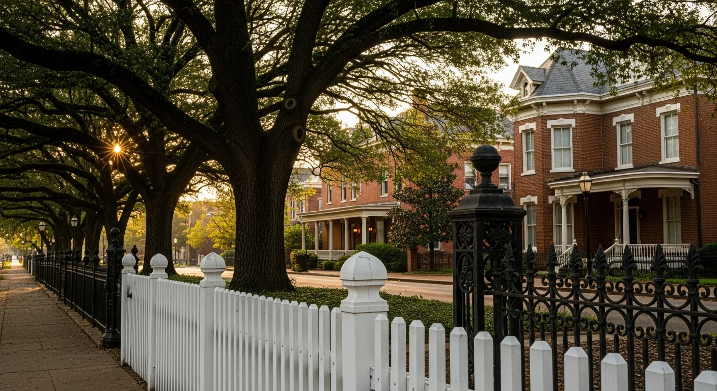 Fort Smith residential street with mature trees and brick homes near downtown historic district.