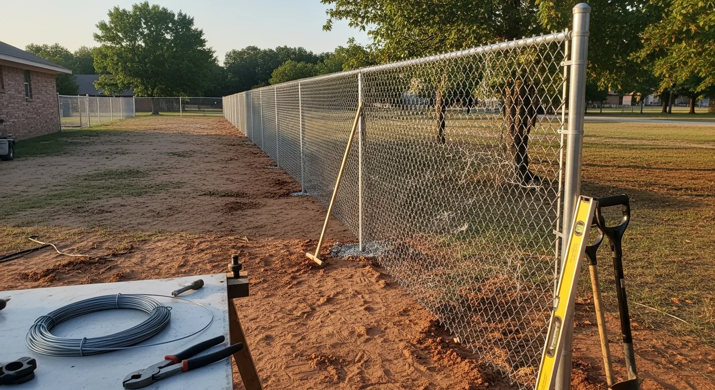 A completed chain link fence enclosing a residential backyard in Fort Smith, AR, with steel posts set in concrete and a single-swing gate along the side yard. The fence line follows a flat lot typical of Fort Smith neighborhoods, with a wood-frame home visible in the background.