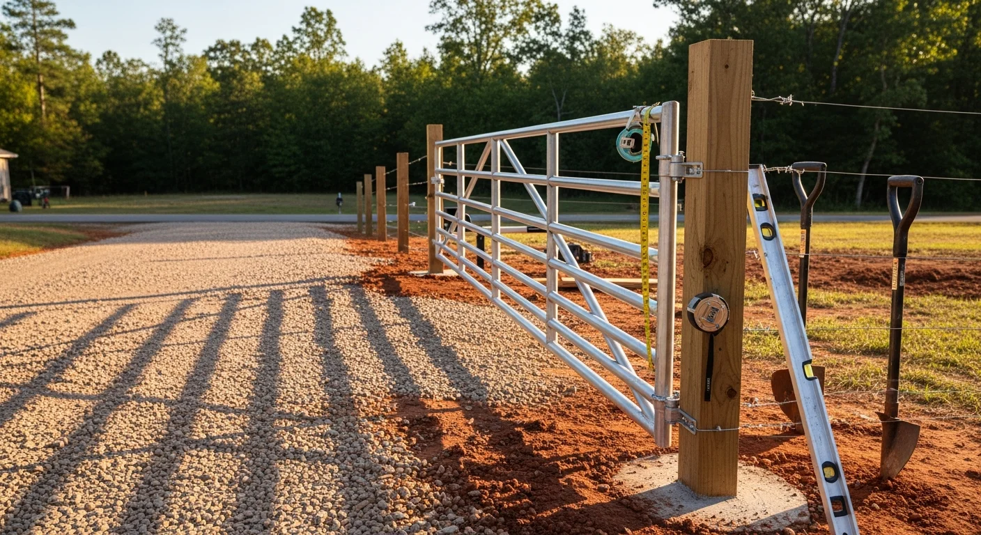 A newly installed metal driveway gate at a residential property in Fort Smith, AR, with a concrete post base and a clear driveway approach. The gate is closed and centered in the opening, showing the full panel span and hinge hardware.