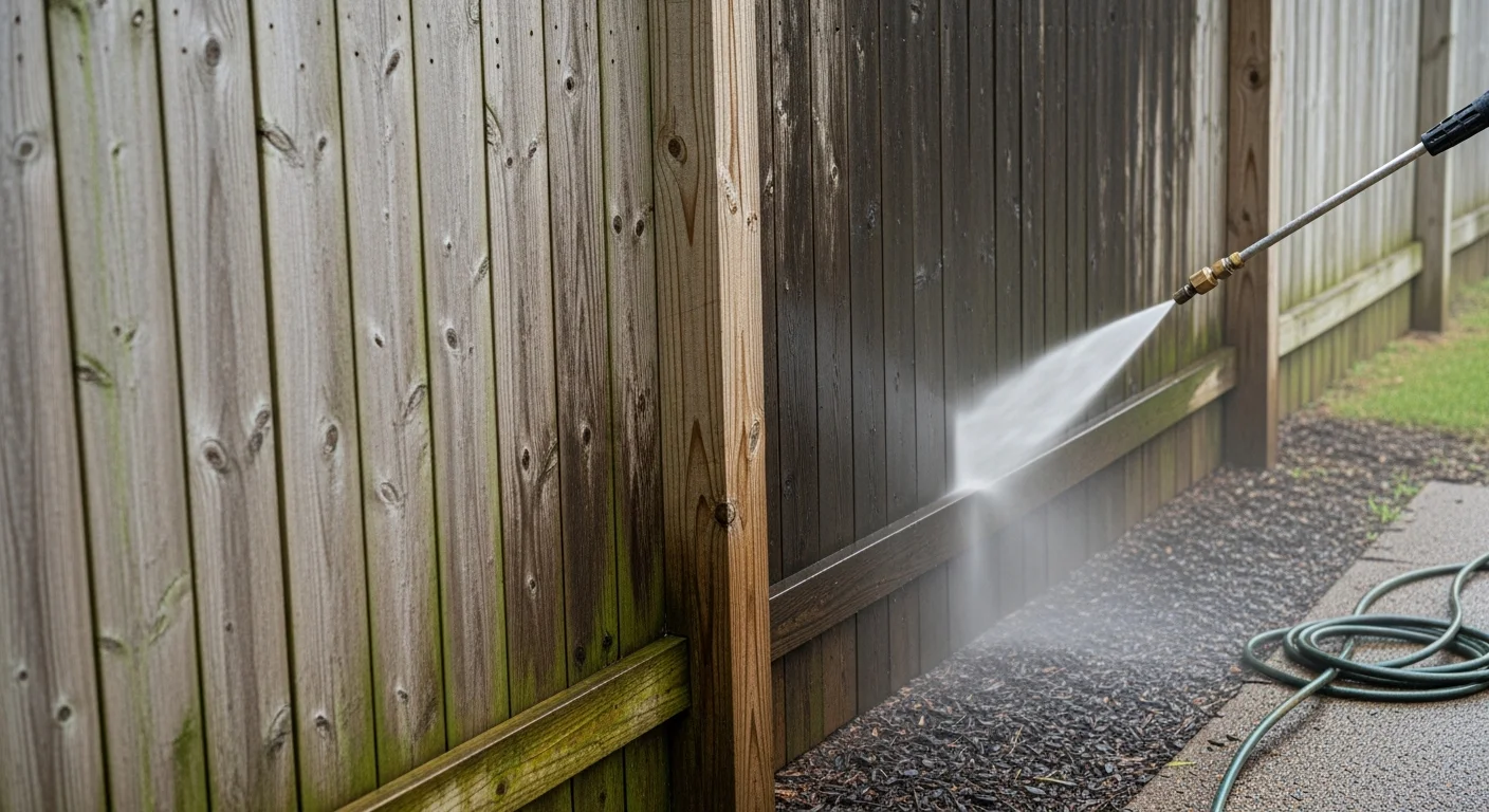 A wood privacy fence in a Fort Smith, AR backyard after professional cleaning, showing clean boards free of mold and green algae staining. The fence surface is dry and evenly colored, ready for staining or finishing.