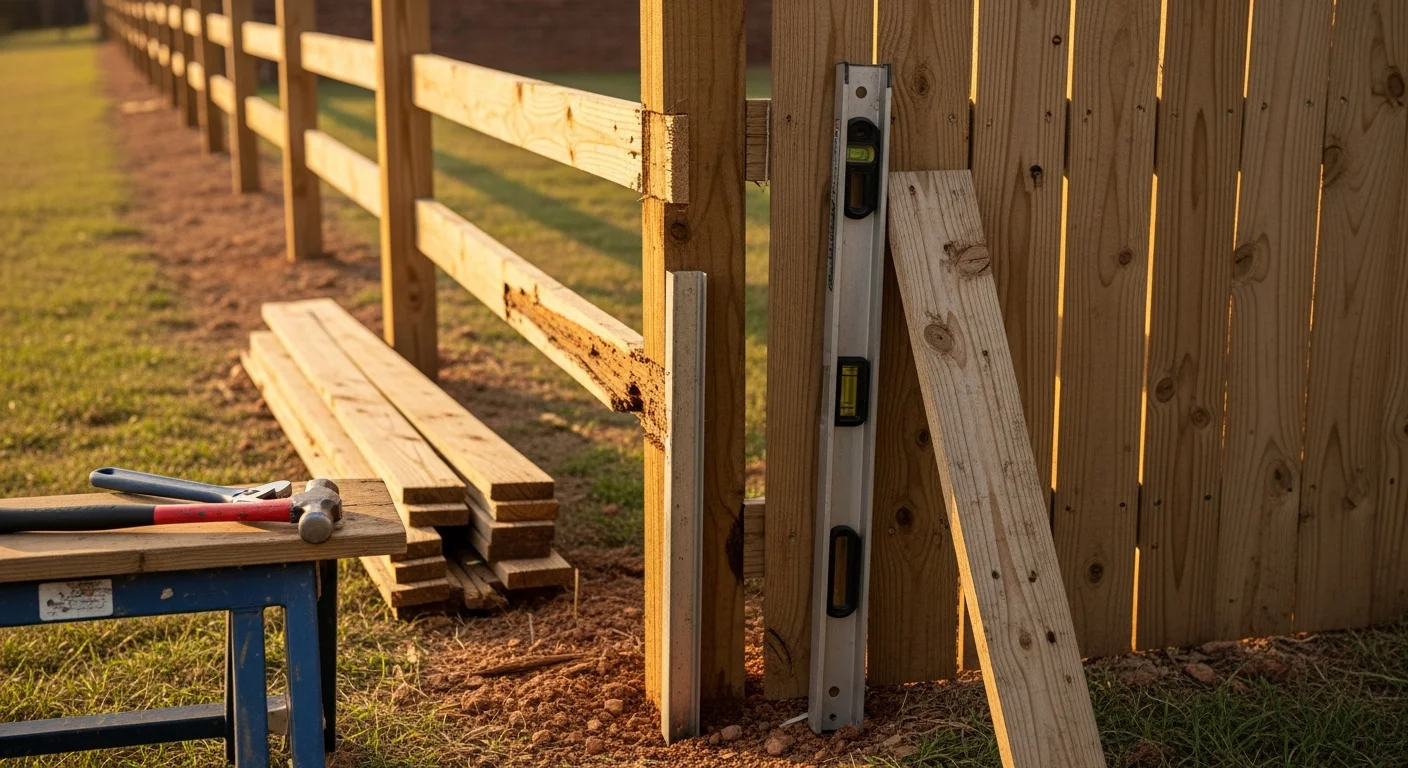 A repaired wood privacy fence with straight posts and new boards standing along the backyard of a residential property in Fort Smith, AR. A recently replaced fence section blends with the existing fence line on a sunny day.