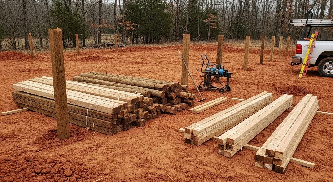 A newly installed wood privacy fence replacing a damaged old fence at a residential property in Fort Smith, AR. Fresh posts are set in a straight line along a backyard perimeter with clean panel spacing throughout.