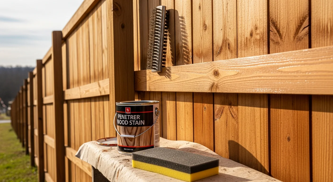 A restored wood privacy fence in a Fort Smith, AR residential backyard showing clean, evenly stained boards with no visible mold or graying. The fence runs along a grass yard under bright Arkansas summer light after professional staining and finishing work.