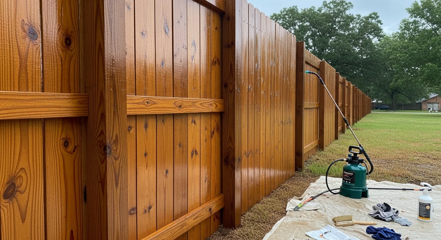 A wood privacy fence with freshly applied sealant on a residential property in Fort Smith, AR. The boards show an even, clean finish with no visible gray weathering or moisture staining.