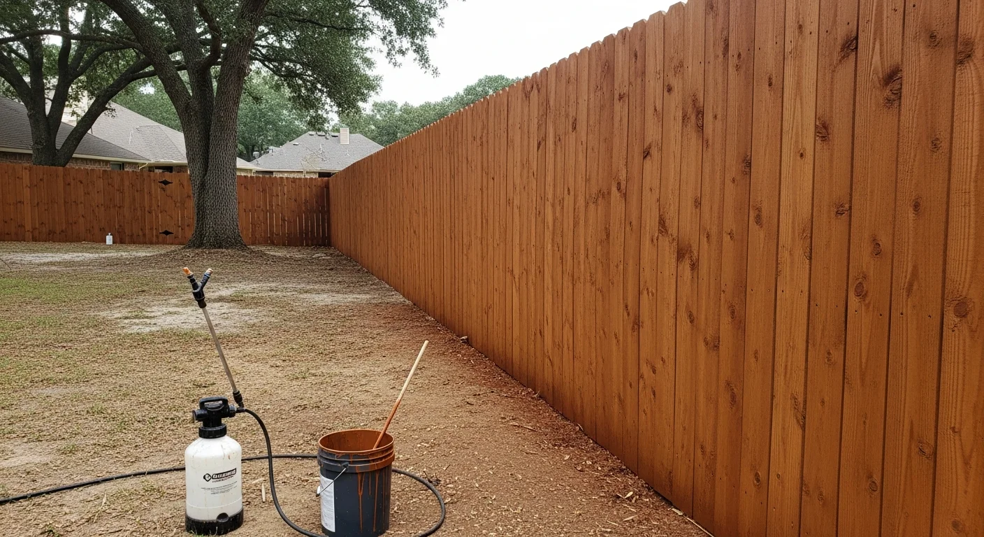 A wood privacy fence in a Fort Smith, AR residential backyard with a freshly applied even stain coat showing natural wood grain. The fence boards are clean, uniformly colored, and free of gray weathering or surface mildew.