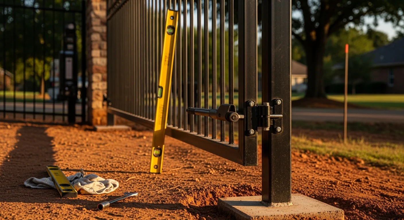 A newly installed metal driveway gate on a residential property in Fort Smith, AR, with posts set in a wood privacy fence along the property line. The gate is fully closed and latched, showing hardware detail and a clear concrete driveway approach.
