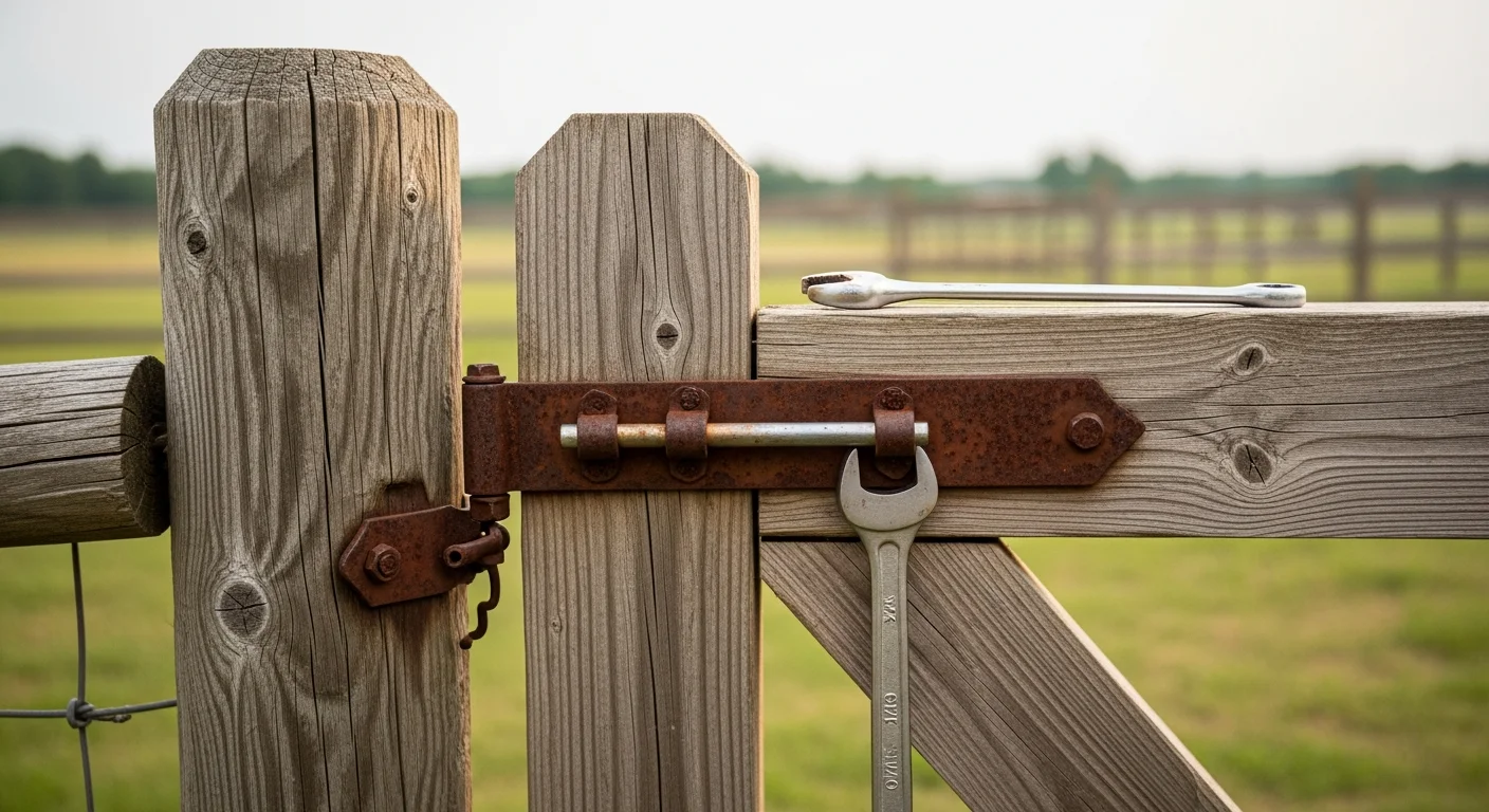 A residential gate in Fort Smith, AR with freshly lubricated hinges and a properly aligned latch after a Poor Boy Fencing maintenance visit. The gate frame sits level against a wood privacy fence in a Fort Smith backyard.