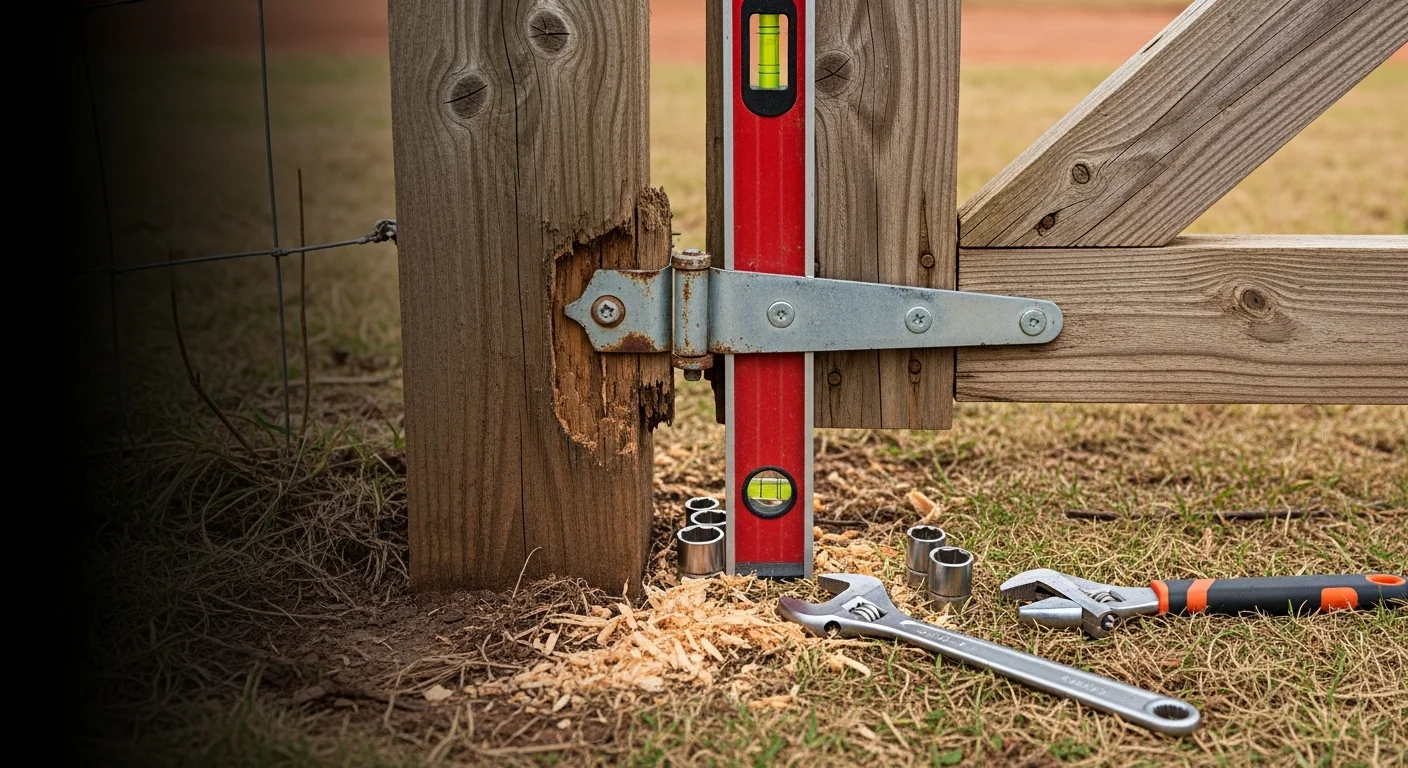 A residential wood gate in Fort Smith, AR with newly replaced hinges and a straight, level frame standing plumb against a privacy fence. Close-up view shows aligned latch hardware on a repaired gate post.