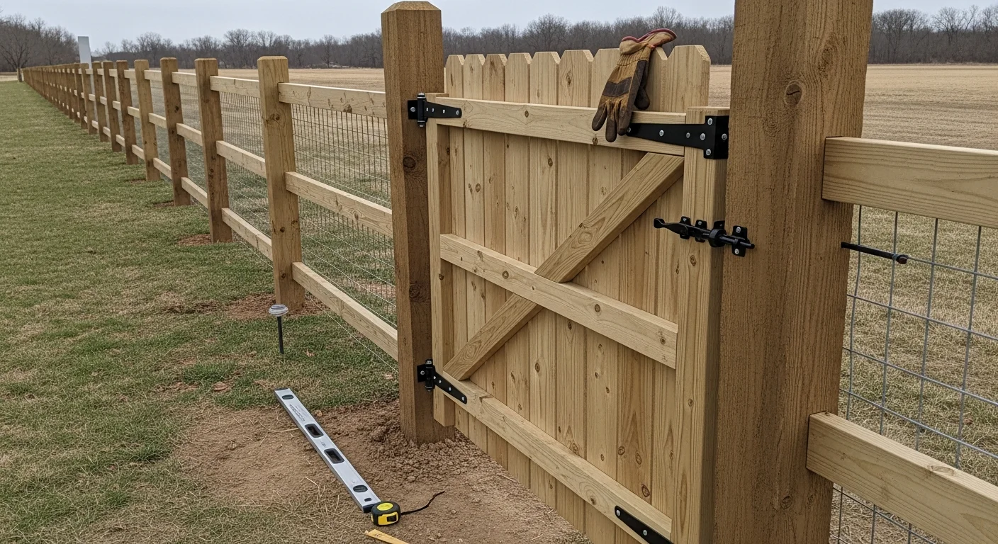 A newly installed wood privacy gate with metal hinges and a slide latch on a residential fence in Fort Smith, AR. The gate is plumb and flush with the surrounding fence panels in a backyard setting.