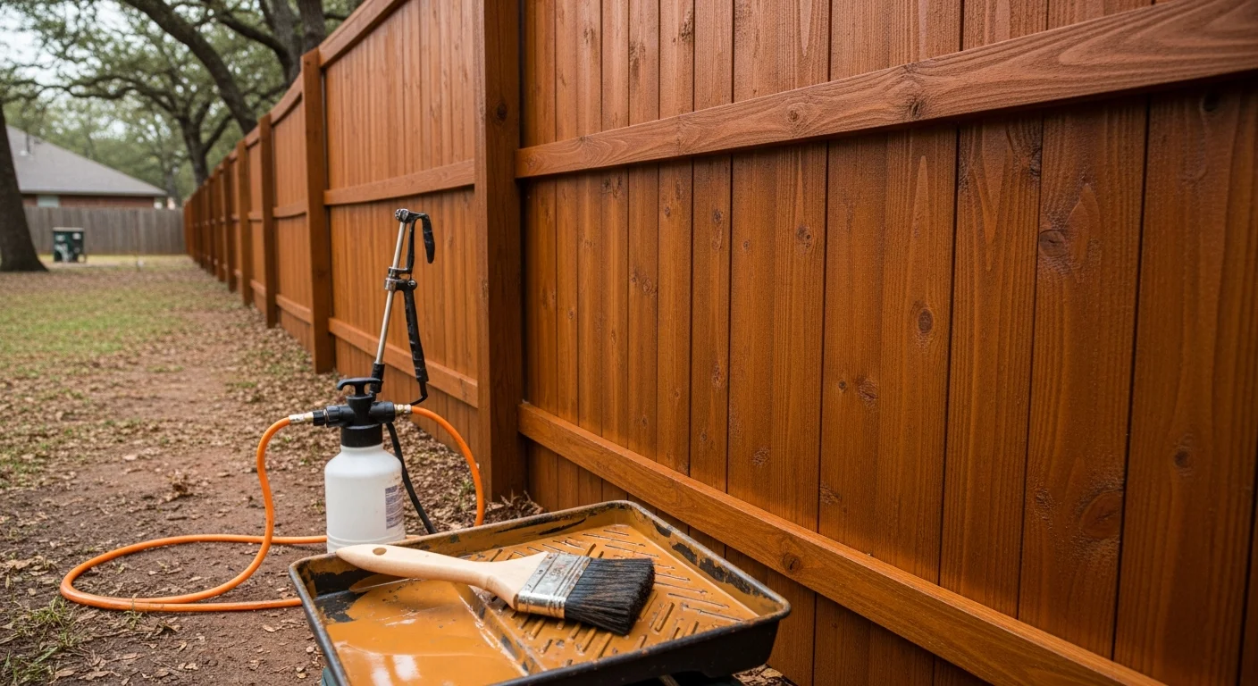 A freshly stained wood privacy fence in a Fort Smith, AR residential backyard, showing even color across vertical boards with no peeling or graying. Close-up view highlights stain penetration into the wood grain after professional finishing by Poor Boy Fencing.