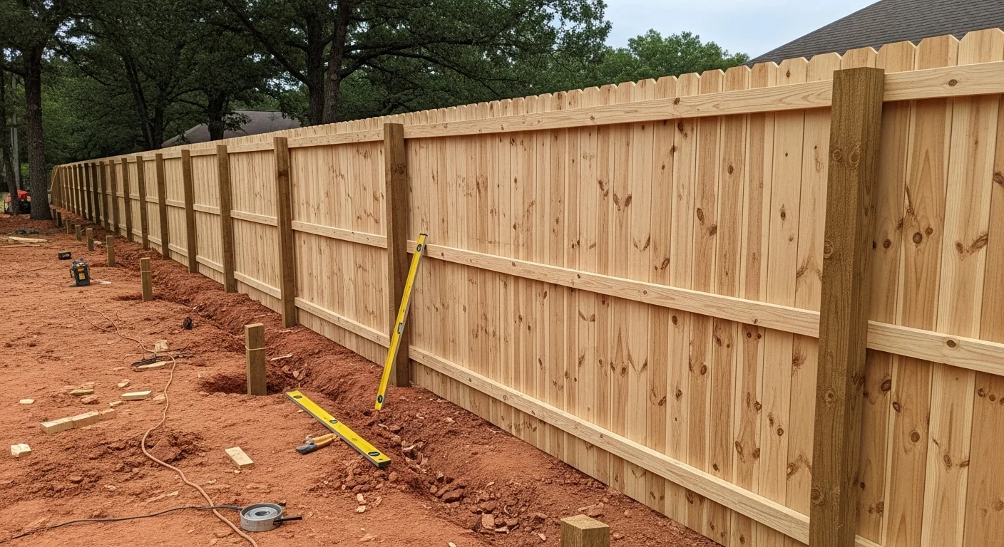 A tall wood privacy fence with a matching gate installed along the backyard boundary of a residential property in Fort Smith, AR. The fence panels are evenly spaced and stained, with a concrete-set post line running the full length of the yard.