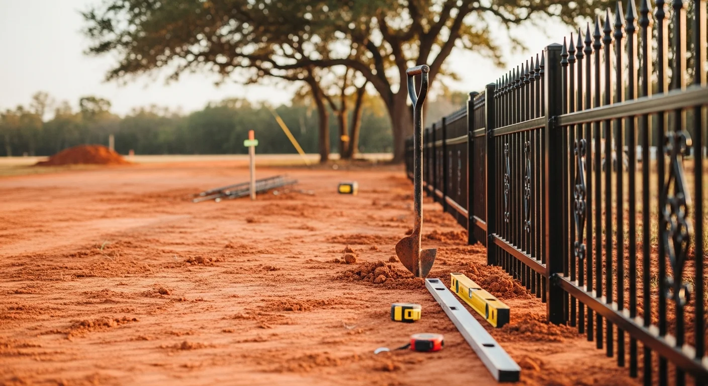 A black wrought iron fence with pointed pickets installed along the front yard of a single-family home in Fort Smith, AR. A matching swing gate is centered at the driveway entrance with green lawn visible behind the fence line.